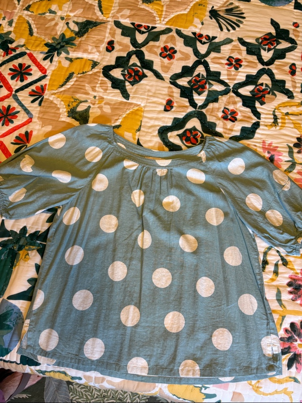 LOFT Teal and White Linen-Blend Top with  Polka dot Pattern